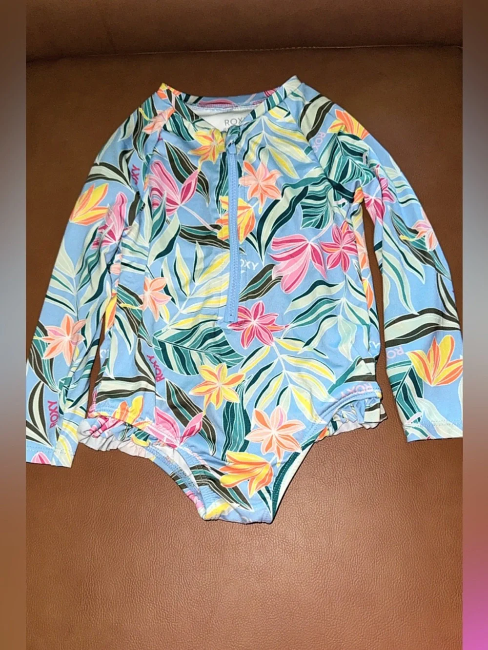 Like New Roxy Baby Girls Long Sleeve Tropical Ruffle 24m Swimsuit